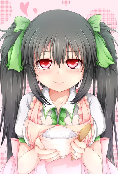 Anime picture 2232x3300 with touhou reiuji utsuho akkii (meragold) single long hair tall image looking at viewer blush highres black hair smile red eyes twintails girl bow hair bow apron