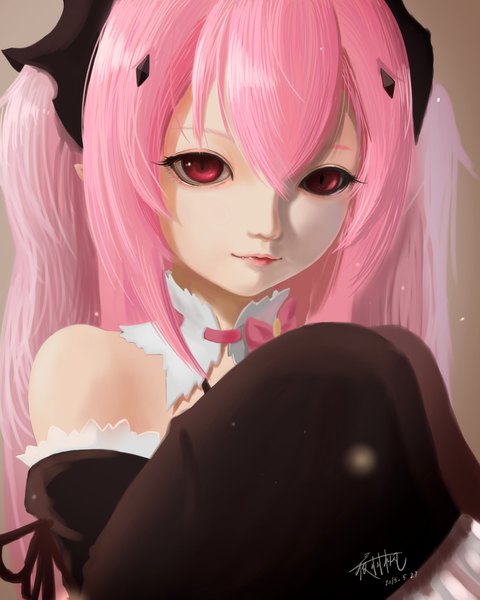 Anime picture 1400x1750 with owari no seraph wit studio kururu tepes yeyufeng single long hair tall image looking at viewer fringe simple background hair between eyes red eyes twintails bare shoulders signed pink hair light smile pointy ears realistic wide sleeves