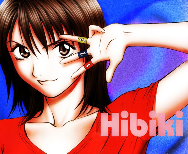Anime picture 1460x1200 with change123 hibiki (change123) short hair brown eyes t-shirt