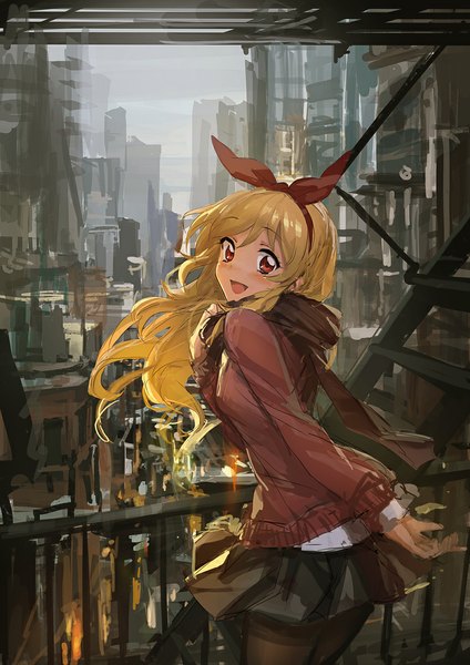 Anime picture 800x1132 with aikatsu! hoshimiya ichigo lm7 (op-center) single long hair tall image looking at viewer blush open mouth blonde hair red eyes turning head city scenic sketch jpeg artifacts girl skirt ribbon (ribbons) hair ribbon