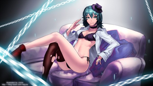 Anime picture 1602x898 with original jjune looking at viewer short hair blue eyes light erotic wide image sitting blue hair open clothes open shirt girl thighhighs underwear panties hat shirt lingerie bra black panties