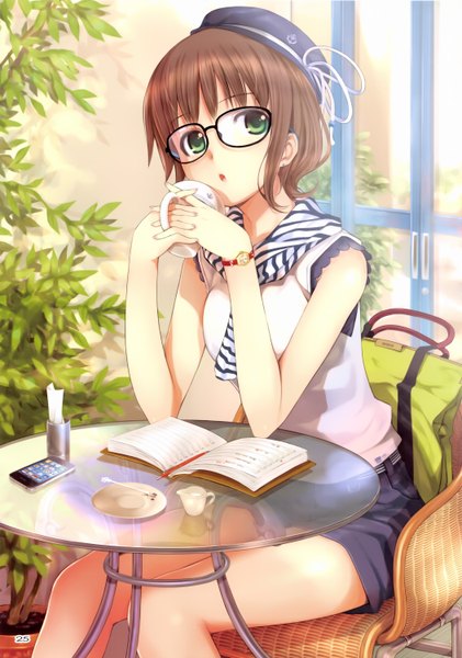 Anime picture 2104x3000 with original mikazuki akira tall image highres short hair brown hair sitting green eyes girl skirt glasses book (books) beret table iphone
