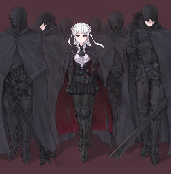 Anime picture 1270x1296 with original kazuoki long hair tall image red eyes white hair group girl gloves weapon sword armor gun thigh boots cloak helmet