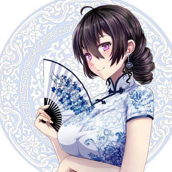 Anime picture 831x830 with original miyaura sanshio beifeng han single long hair looking at viewer blush breasts black hair smile hair between eyes large breasts purple eyes holding ahoge traditional clothes head tilt fingernails chinese clothes girl