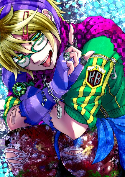 Anime picture 1000x1414 with original niduca single tall image short hair open mouth blonde hair green eyes nail polish piercing squat pointing bandaid on arm girl hair ornament glasses hairband hairclip scarf fingerless gloves