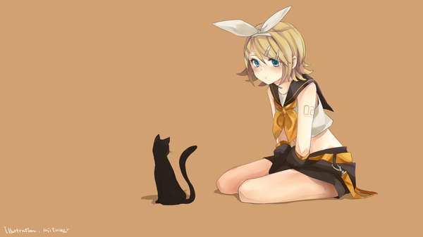 Anime picture 1920x1080 with vocaloid kagamine rin kuronyanko blush highres short hair blue eyes blonde hair simple background wide image sitting bare shoulders brown background girl hair ornament bow hair bow animal hairclip cat