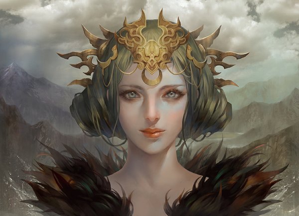 Anime picture 1181x856 with original rororei single green eyes sky cloud (clouds) green hair lips mountain face girl hair ornament fur water drop