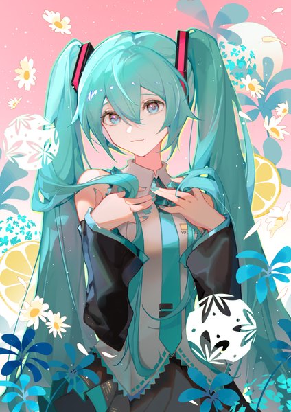 Anime picture 700x990 with vocaloid hatsune miku indai (3330425) single long hair tall image fringe blue eyes hair between eyes twintails looking away upper body nail polish aqua hair :3 aqua nail polish girl detached sleeves necktie