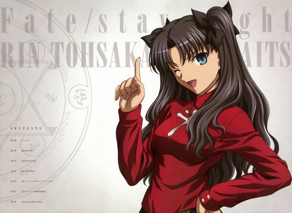 Anime picture 1367x1000 with fate (series) fate/stay night studio deen type-moon toosaka rin single long hair open mouth blue eyes black hair one eye closed wink hand on hip girl