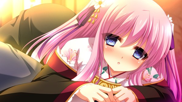 Anime picture 1280x720 with sengoku hime 5 long hair looking at viewer blush open mouth blue eyes wide image pink hair game cg girl dress hair ornament