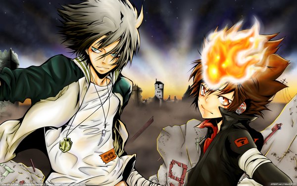 Anime picture 1920x1200 with katekyou hitman reborn sawada tsunayoshi gokudera hayato amano akira trofikabinet highres short hair brown hair wide image grey hair orange hair aqua hair smoke ruins boy jacket building (buildings) fire