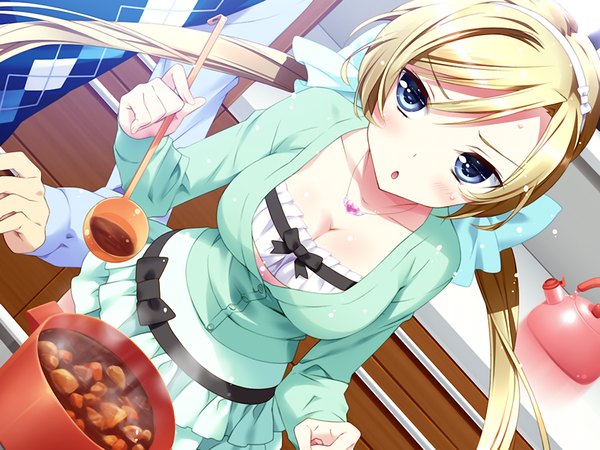 Anime picture 1024x768 with relations sister x sister yamashiro misa kamiya maneki long hair blue eyes blonde hair twintails game cg cooking girl food