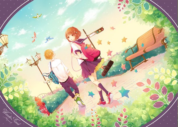 Anime picture 1300x927 with original gemini (kokoma) blush short hair blonde hair brown hair brown eyes sky cloud (clouds) looking back from behind girl boy uniform plant (plants) animal serafuku shoes headphones bird (birds)