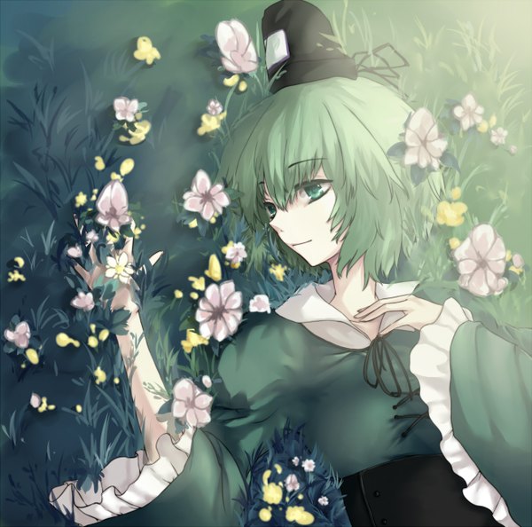 Anime picture 1312x1300 with touhou soga no tojiko hug (yourhug) single fringe short hair smile green eyes looking away lying traditional clothes profile green hair sunlight girl flower (flowers) plant (plants) hat grass mini hat