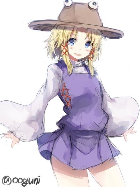 Anime picture 857x1142 with touhou moriya suwako wowoguni single tall image looking at viewer blush short hair blue eyes simple background blonde hair white background signed spread arms girl hair ornament hat