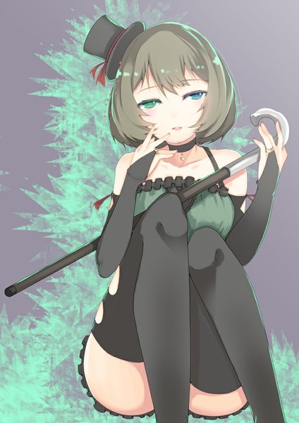 Anime picture 707x1000 with idolmaster idolmaster cinderella girls takagaki kaede mbf:04 single tall image fringe short hair breasts open mouth light erotic brown hair sitting bare shoulders looking away heterochromia girl thighhighs black thighhighs hat