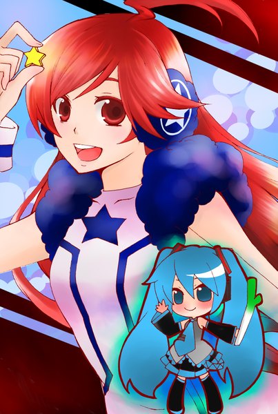 Anime picture 1163x1730 with vocaloid hatsune miku miki (vocaloid) kanna (chaos966) long hair tall image looking at viewer blush open mouth blue eyes smile red eyes twintails blue hair ahoge red hair chibi star print girl detached sleeves