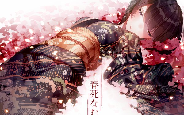 Anime picture 1920x1200 with original atha (leejuiping) single long hair blush fringe highres hair between eyes brown hair purple eyes looking away lying traditional clothes parted lips japanese clothes shaded face revision girl petals kimono