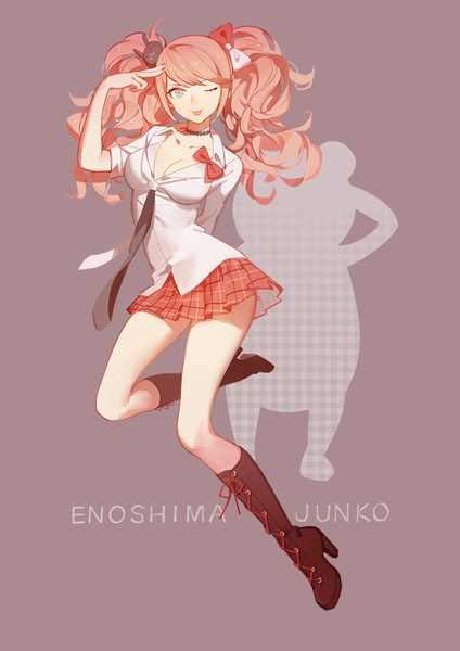 Anime picture 707x1000 with dangan ronpa enoshima junko monokuma ask (askzy) single long hair tall image fringe twintails pink hair full body pleated skirt one eye closed wink grey eyes high heels character names plaid skirt lacing partially open clothes