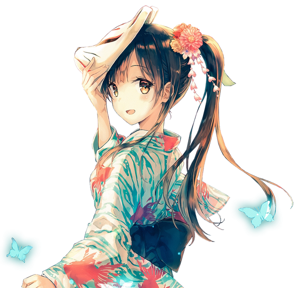 Anime picture 882x857 with original sano mana hiten (hitenkei) single long hair looking at viewer blush fringe open mouth black hair smile holding brown eyes upper body traditional clothes :d japanese clothes looking back hair flower wide sleeves