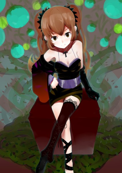 Anime picture 2149x3031 with original maruki (artist) single long hair tall image highres brown hair brown eyes hand on hip crossed legs girl thighhighs gloves elbow gloves cross single thighhigh