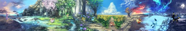 Anime picture 6500x1097 with pokemon pokemon xy nintendo eevee umbreon espeon glaceon vaporeon leafeon flareon sylveon jolteon pippi (pixiv 1922055) highres wide image sky cloud (clouds) night night sky cherry blossoms