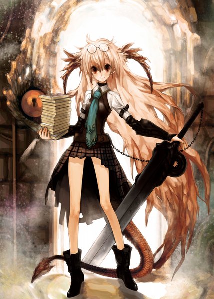Anime picture 1295x1812 with original michi ta (masquerade) single tall image blonde hair smile brown eyes tail very long hair horn (horns) legs demon girl girl skirt sword glasses necktie shoes book (books) chain