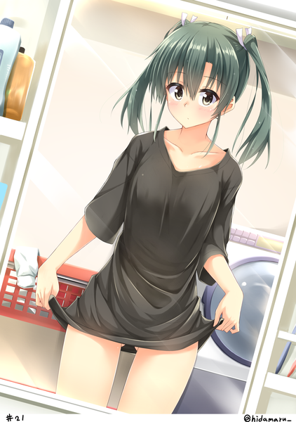 Anime picture 2549x3624 with kantai collection zuikaku aircraft carrier hino (2nd life) single long hair tall image looking at viewer blush fringe highres light erotic hair between eyes twintails green eyes signed green hair bare legs ass visible through thighs reflection undressing