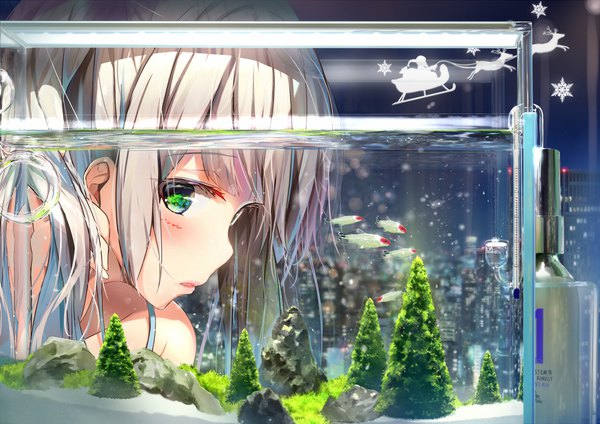 Anime picture 1157x818 with original wingheart single long hair looking at viewer blush fringe green eyes silver hair parted lips city cityscape city lights silhouette rock girl plant (plants) animal tree (trees) water