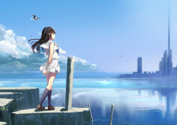 Anime picture 1200x848 with original wingheart single long hair blush blue eyes black hair looking away sky cloud (clouds) girl skirt uniform school uniform miniskirt animal socks bird (birds) black socks seagull