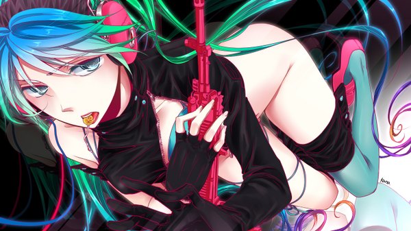 Anime picture 1422x800 with vocaloid hatsune miku chitose kana (artist) single light erotic wide image twintails very long hair multicolored hair aqua eyes aqua hair mouth hold girl thighhighs weapon headphones fingerless gloves gun lollipop rifle