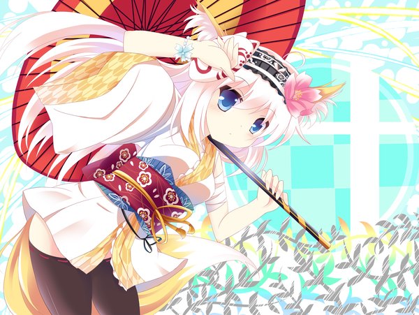 Anime picture 2400x1804 with original nibiiro shizuka single long hair highres blue eyes white hair japanese clothes hair flower fox ears fox tail fox girl mask on head girl hair ornament hairband umbrella obi mask