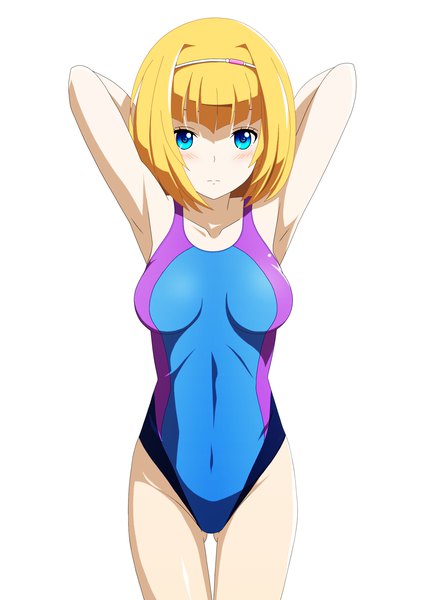Anime picture 1768x2500 with heavy object j.c. staff milinda brantini shugo19 sanohiramugi single tall image looking at viewer blush fringe highres short hair blue eyes light erotic simple background blonde hair standing white background ass visible through thighs arms behind head