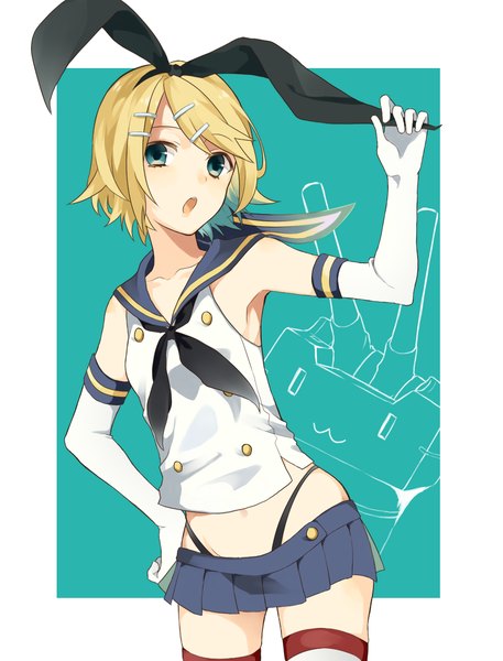 Anime picture 975x1280 with kantai collection vocaloid kagamine rin chisumi single tall image blush short hair open mouth blonde hair green eyes hand on hip cosplay shimakaze (kancolle) (cosplay) girl thighhighs skirt gloves underwear panties