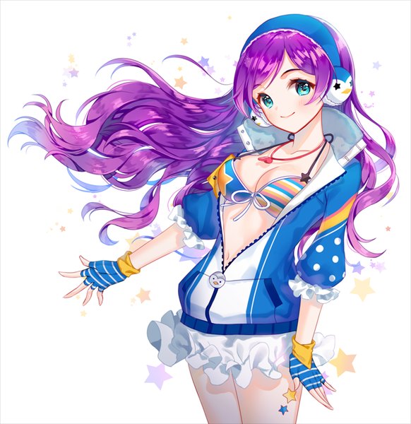 Anime picture 800x824 with love live! school idol project sunrise (studio) love live! toujou nozomi rarumi single long hair tall image blush breasts light erotic simple background smile large breasts white background signed purple hair aqua eyes wind open jacket