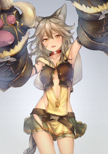 Anime picture 707x1000 with granblue fantasy sen (granblue fantasy) akariko (akaringo) single long hair tall image looking at viewer fringe breasts open mouth simple background hair between eyes brown hair standing green eyes animal ears head tilt light smile grey background armpit (armpits)