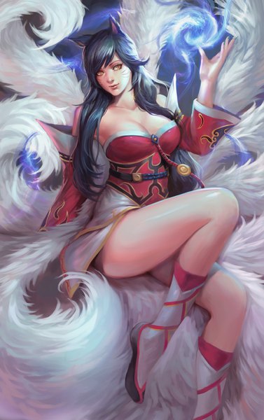 Anime picture 600x953 with league of legends ahri (league of legends) phamoz single long hair tall image breasts light erotic black hair large breasts bare shoulders animal ears yellow eyes bent knee (knees) tail head tilt animal tail lips fox ears facial mark