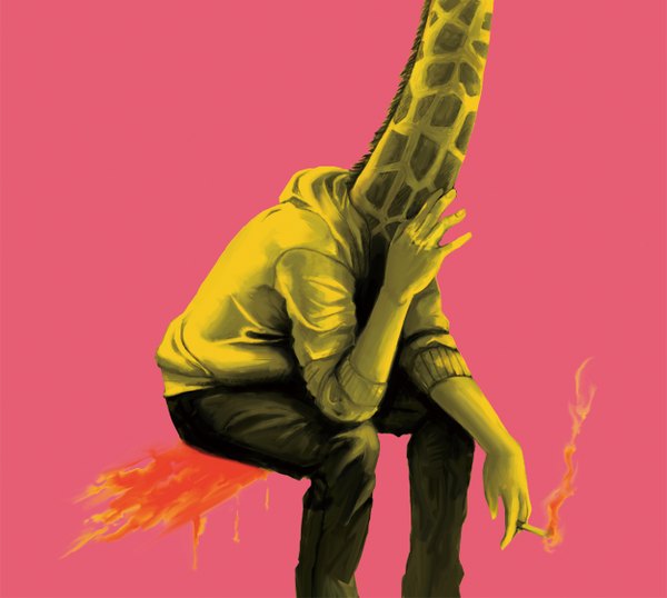 Anime picture 1250x1122 with original iroharenchi single simple background pink background smoking boy pants fire cigarette giraffe