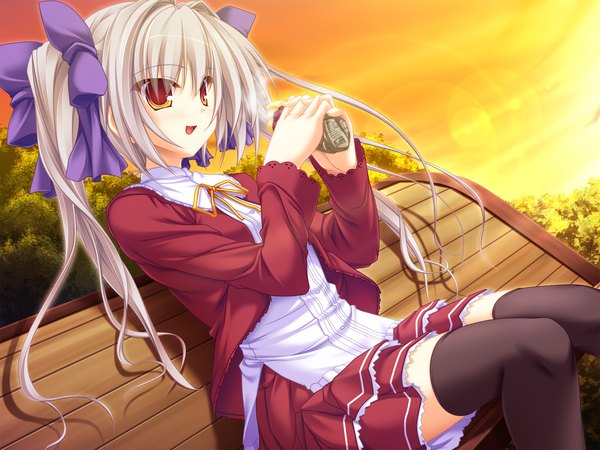 Anime picture 1600x1200 with meri chri whirlpool (studio) itsuki kirara game cg orange eyes zettai ryouiki evening sunset thighhighs skirt ribbon (ribbons) food