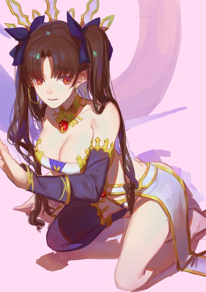 Anime picture 1913x2704 with fate (series) fate/grand order toosaka rin ishtar (fate) red cucumber single long hair tall image fringe highres breasts light erotic simple background smile red eyes brown hair bare shoulders looking away cleavage two side up