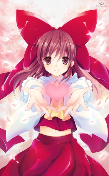Anime picture 800x1294 with touhou hakurei reimu philomelalilium single long hair tall image looking at viewer smile brown hair brown eyes girl dress skirt bow hair bow detached sleeves petals heart skirt set