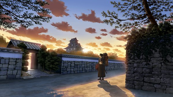 Anime picture 1400x788 with original studio outline single short hair black hair wide image looking away sky cloud (clouds) outdoors traditional clothes japanese clothes sunlight shadow street morning sunrise boy plant (plants) tree (trees)