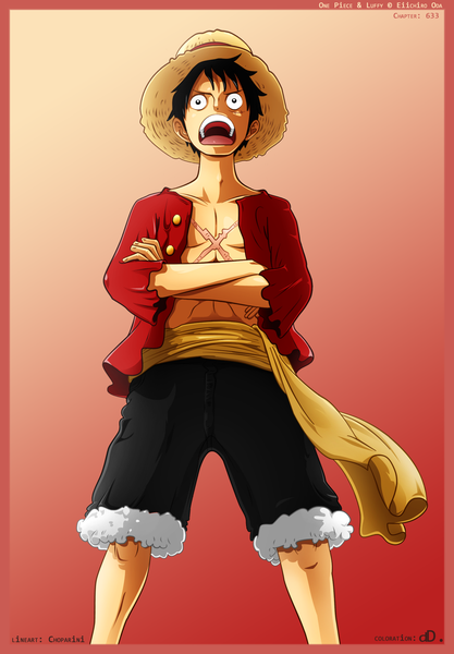 Anime picture 1285x1850 with one piece toei animation monkey d. luffy ddsign single tall image short hair open mouth black hair simple background black eyes open clothes open shirt coloring scar crossed arms red background framed boy hat