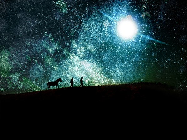 Anime picture 1500x1125 with original simainu sky night couple walking silhouette animal moon star (stars) full moon horse
