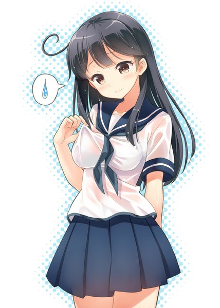 Anime picture 800x1122 with kantai collection ushio destroyer hyuuga azuri single long hair tall image blush light erotic black hair brown eyes wet wet clothes girl skirt miniskirt sailor suit speech bubble