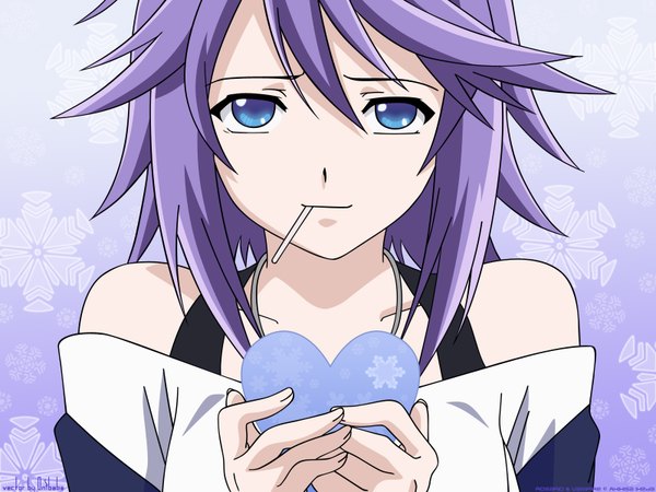 Anime picture 1600x1200 with rosario+vampire shirayuki mizore long hair looking at viewer fringe blue eyes hair between eyes bare shoulders purple hair light smile gradient background close-up hands clasped food in mouth food heart sweets necklace candy snowflake (snowflakes)