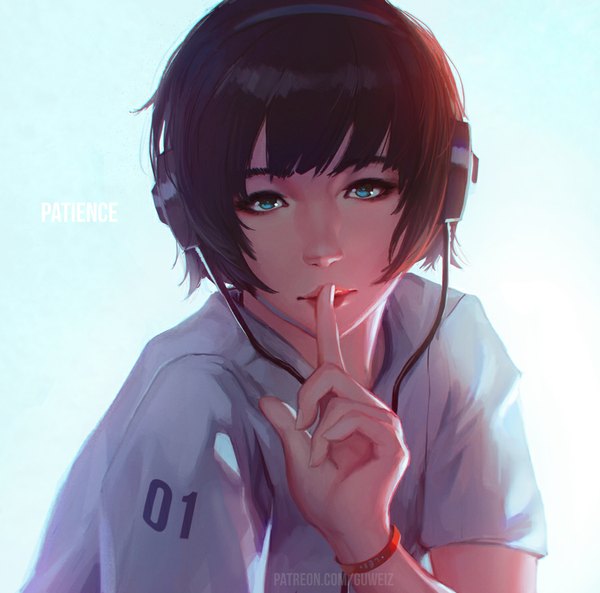 Anime picture 900x890 with guweiz single fringe short hair blue eyes black hair simple background upper body lips realistic inscription finger to mouth girl headphones