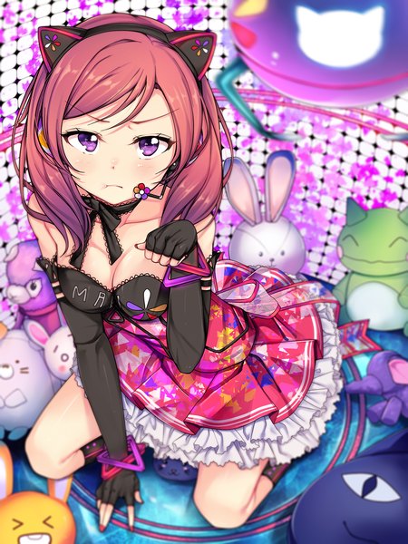 Anime picture 1000x1333 with love live! school idol project sunrise (studio) love live! nishikino maki kalian single long hair tall image looking at viewer blush fringe breasts purple eyes animal ears cleavage full body red hair from above blurry cat ears