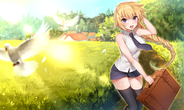 Anime picture 1000x600 with fate (series) fate/apocrypha jeanne d'arc (fate) (all) jeanne d'arc (fate) shirako miso single long hair looking at viewer blush fringe open mouth blonde hair hair between eyes wide image standing purple eyes holding payot outdoors braid (braids)