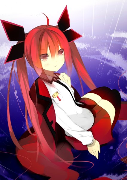 Anime picture 2999x4233 with date a live itsuka kotori senya fuurin single long hair tall image highres red eyes twintails red hair rain girl thighhighs skirt ribbon (ribbons) black thighhighs hair ribbon shirt